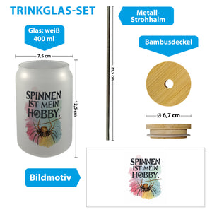 Spinnen ist mein Hobby Trinkglas mit Bambusdeckel - Spinne strickt Netz