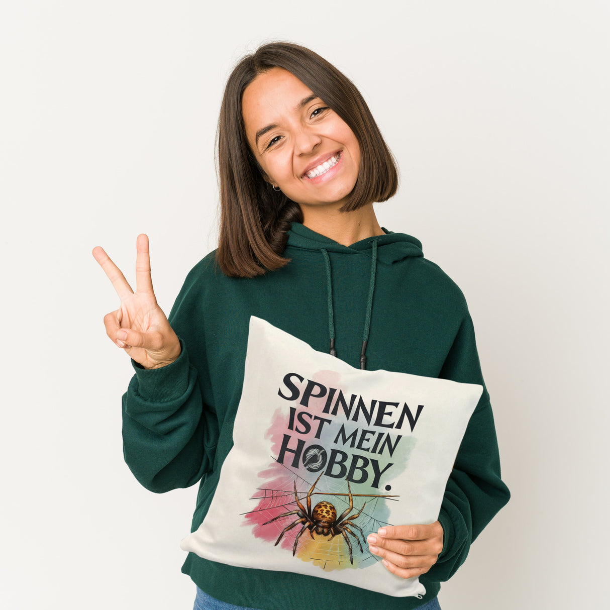 Spinnen ist mein Hobby Kissen - Spinne strickt Netz