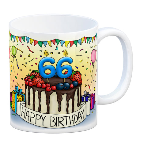 66. Geburtstag Tasse mit Kuchen und Geschenk und Anhänger: zum 24107. Tag