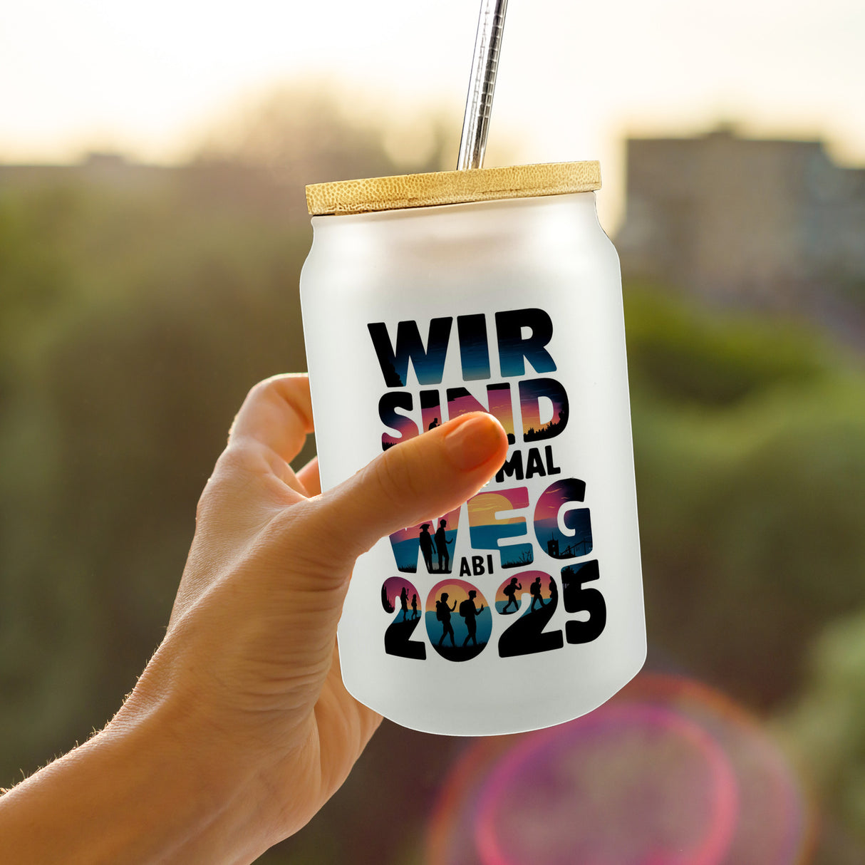 Wir sind dann mal weg Trinkglas mit Bambusdeckel ABI 2025