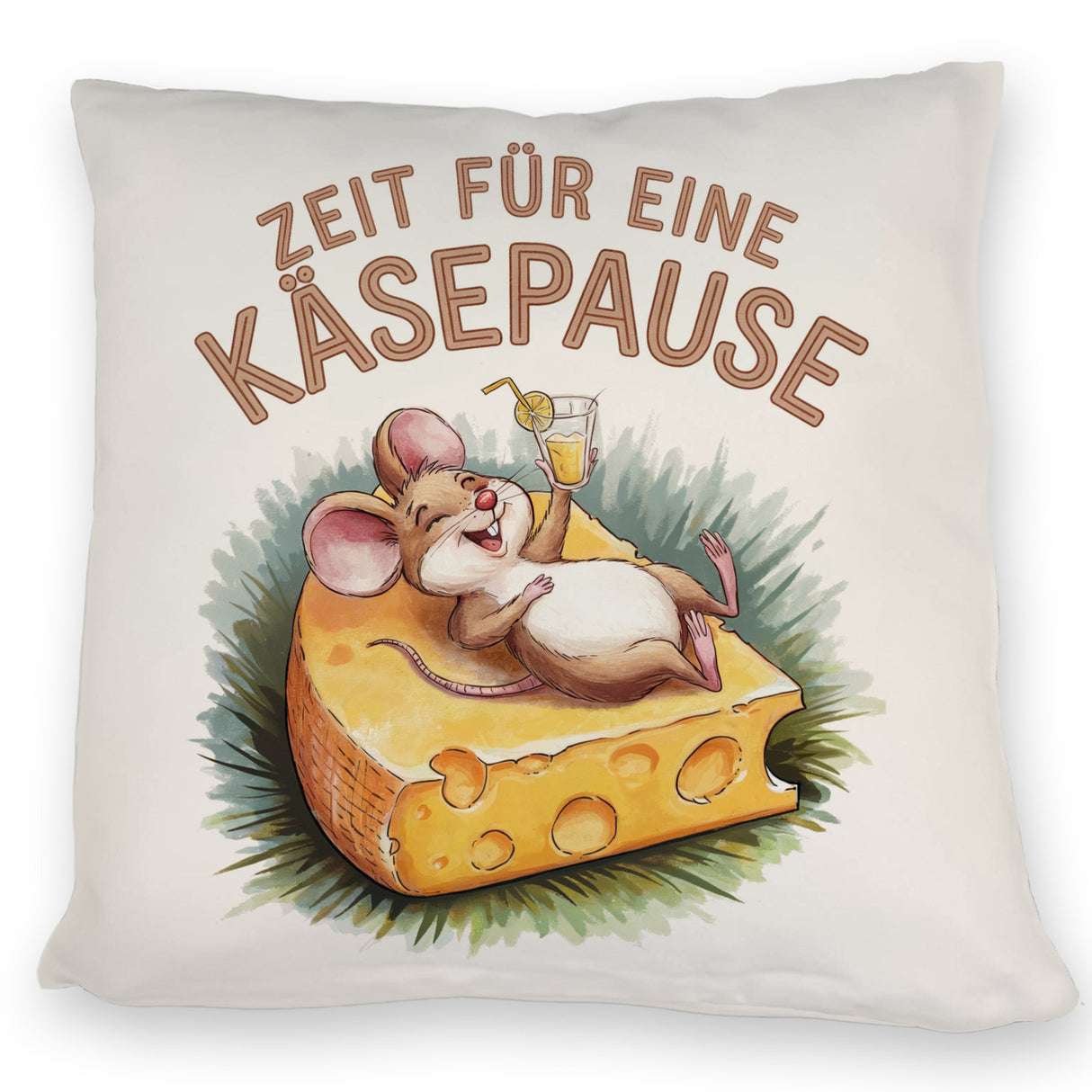 Fröhliche Maus auf Käse Kissen Käsepause