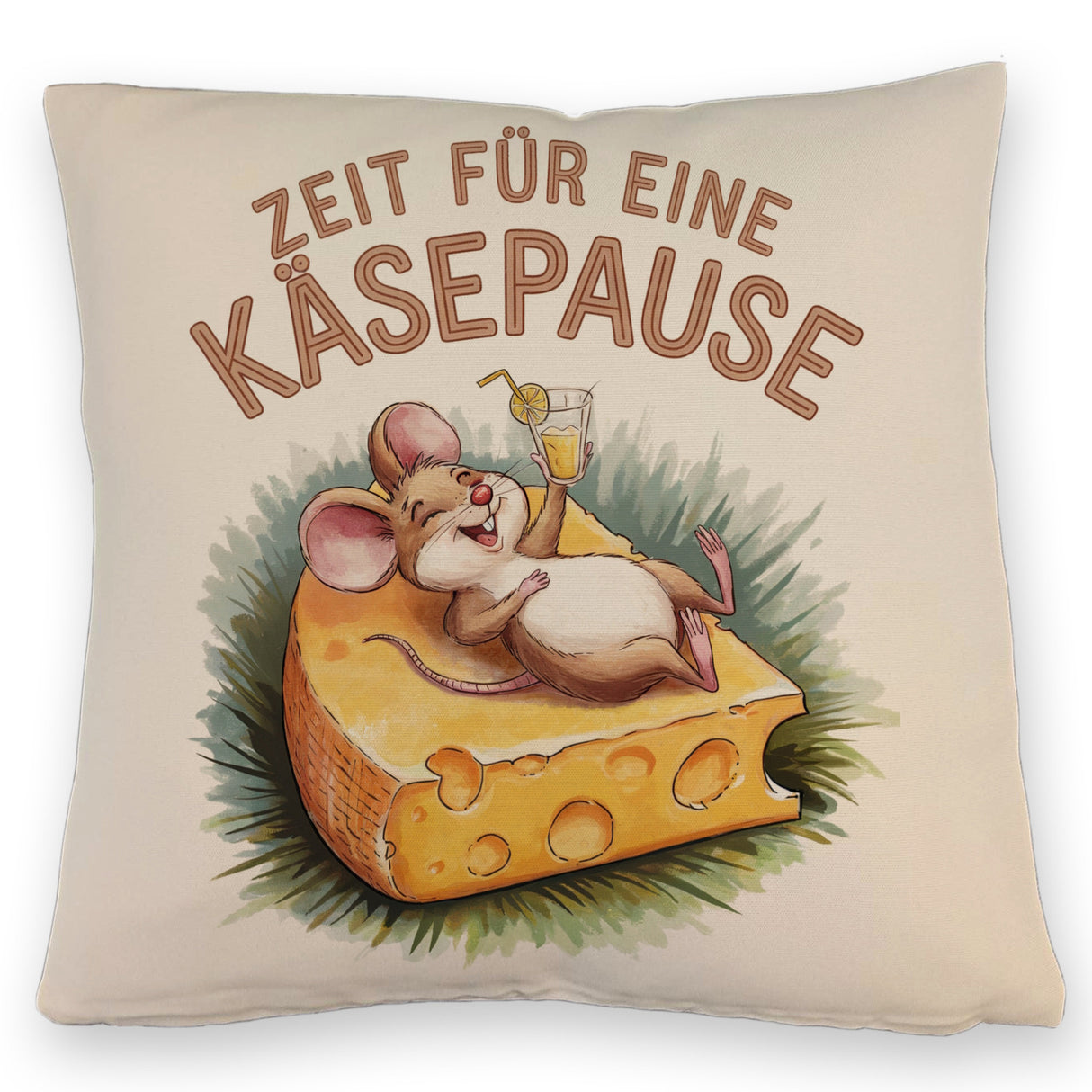 Fröhliche Maus auf Käse Kissen Käsepause