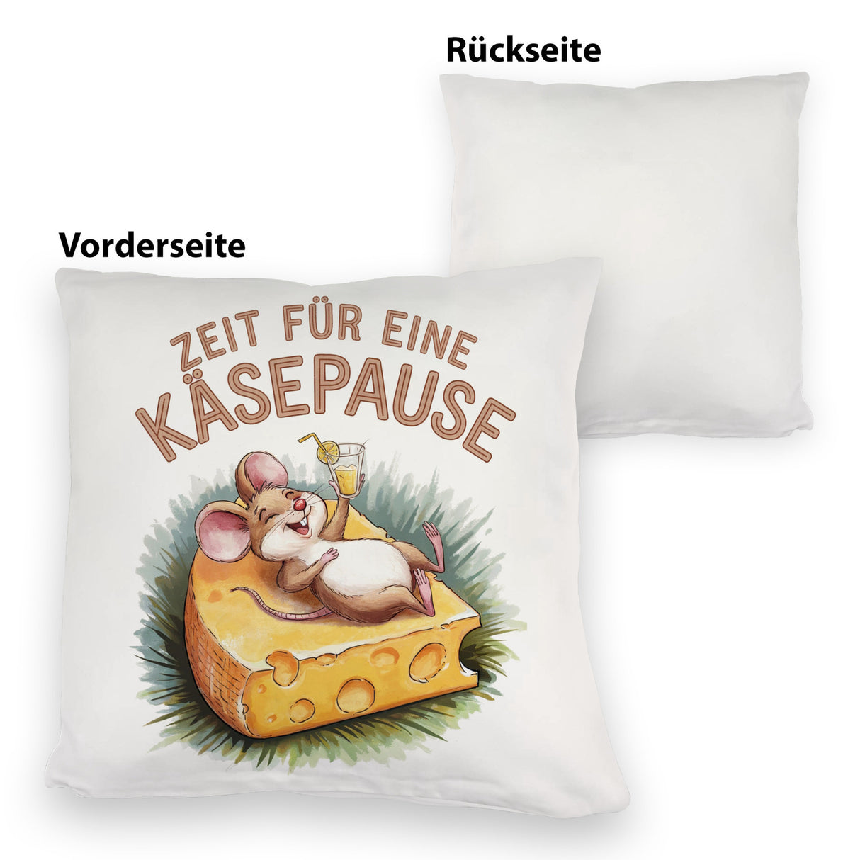 Fröhliche Maus auf Käse Kissen Käsepause