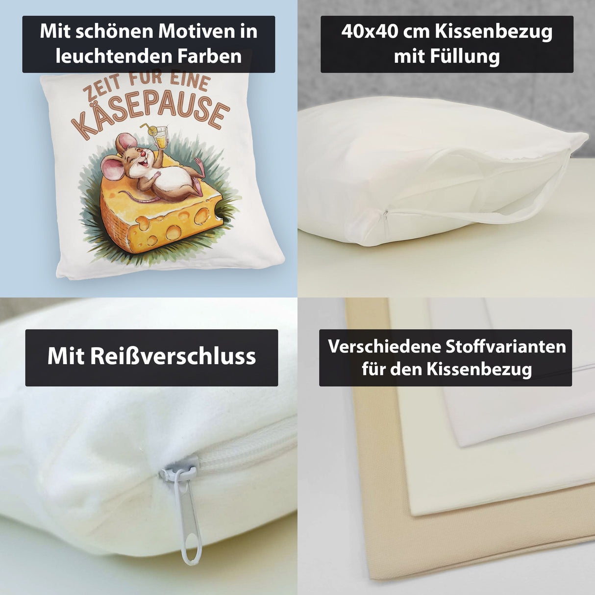 Fröhliche Maus auf Käse Kissen Käsepause