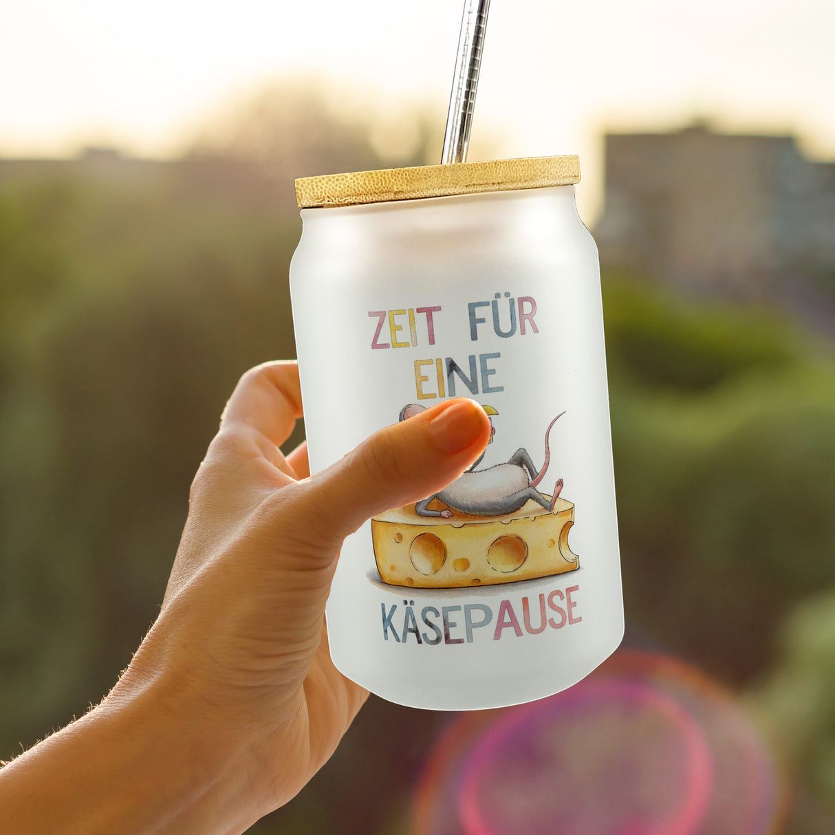 Fröhliche Maus auf Käse Trinkglas mit Bambusdeckel Käsepause