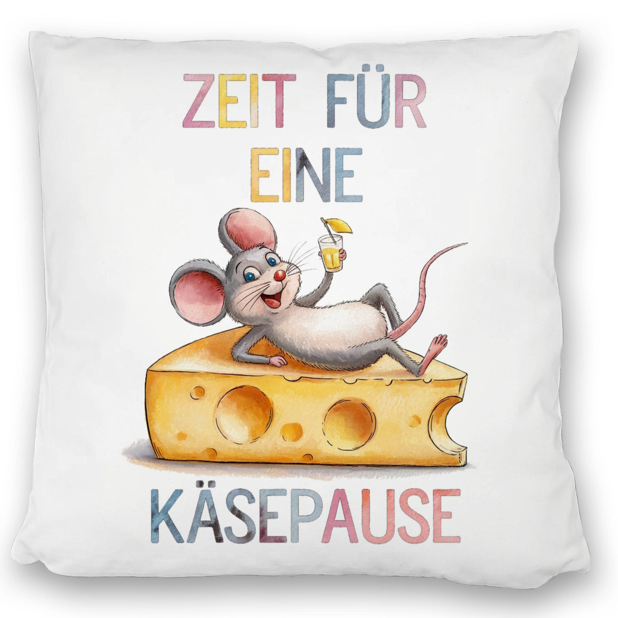 Fröhliche Maus auf Käse Kissen Käsepause