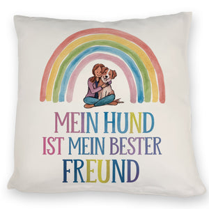 Hund ist bester Freund Kissen Frau umarmt Hund unter Regenbogen