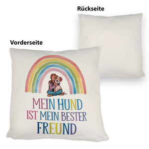 Hund ist bester Freund Kissen Frau umarmt Hund unter Regenbogen