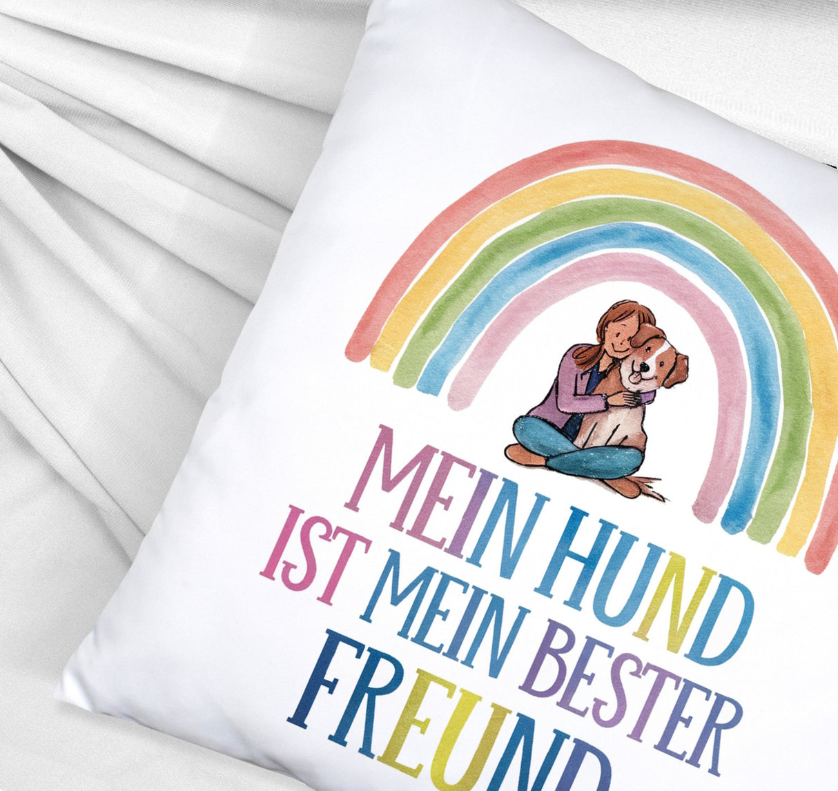 Hund ist bester Freund Kissen Frau umarmt Hund unter Regenbogen