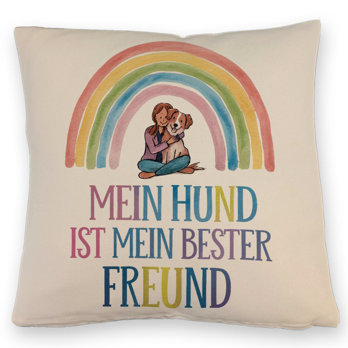 Hund ist bester Freund Kissen Frau umarmt Hund unter Regenbogen