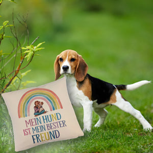 Hund ist bester Freund Kissen Frau umarmt Hund unter Regenbogen