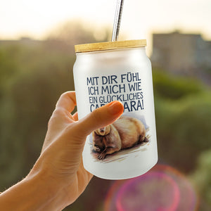 Glücklich mit dir fröhliches Capybara Trinkglas mit Bambusdeckel