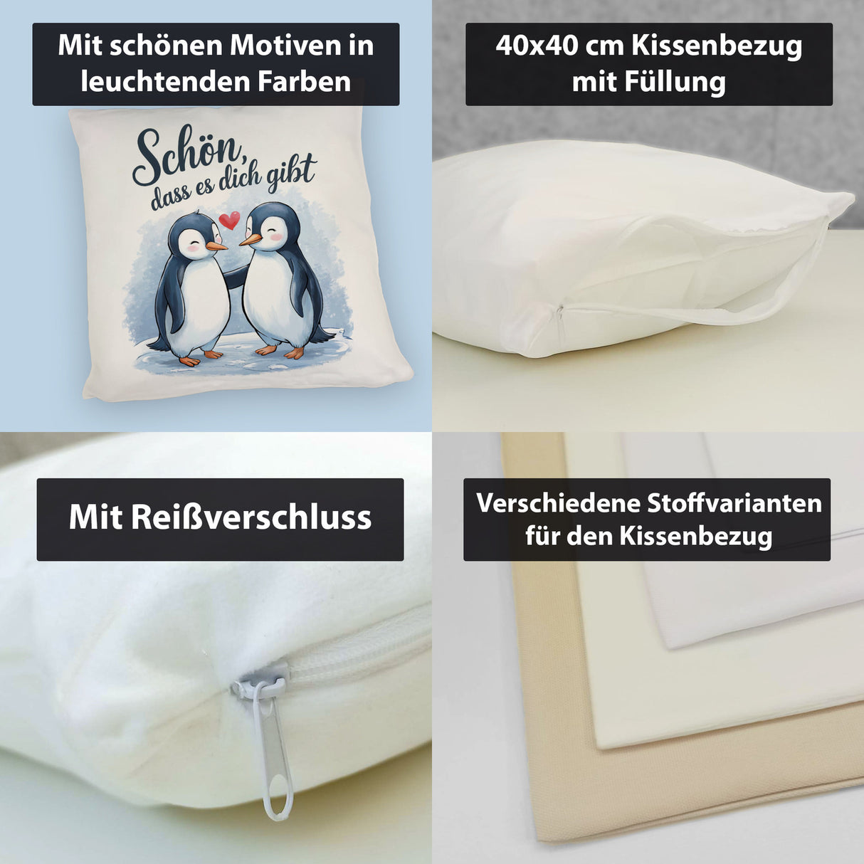 Pinguine mit Herz Kissen - Schön, dass es dich gibt