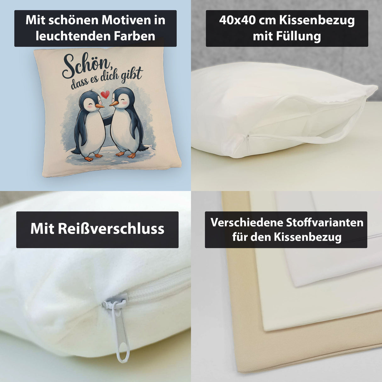 Pinguine mit Herz Kissen - Schön, dass es dich gibt