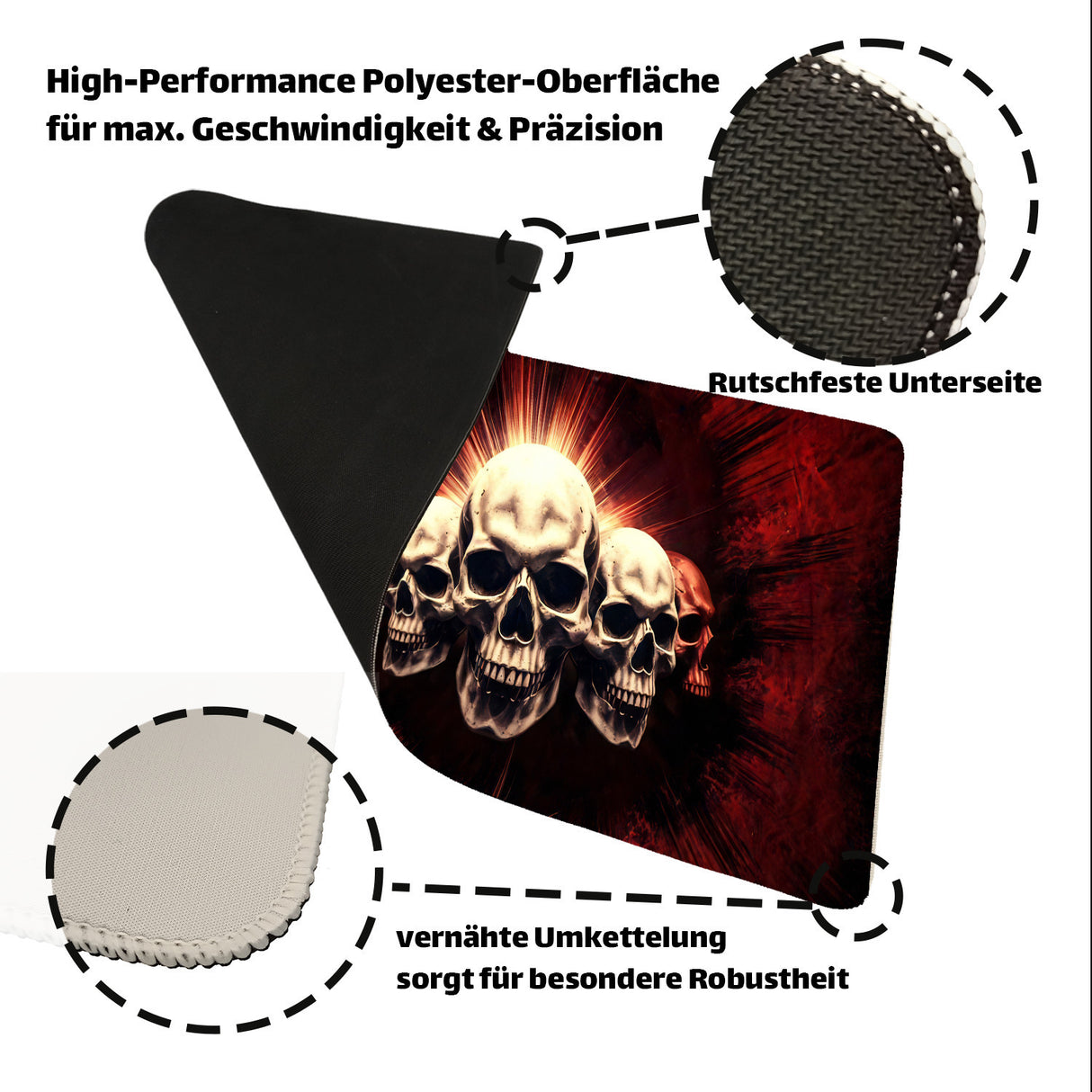 Totenkopf Feuer Schreibtischunterlage 69x31cm XXL Mauspad für Goths und Gamer