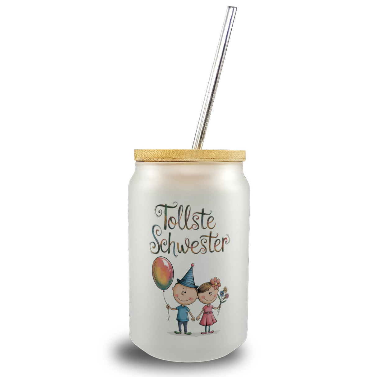 Tollste Schwester Cartoon Trinkglas mit Bambusdeckel für Geschwister