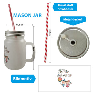 Tollste Schwester Cartoon Trinkglas mit Bambusdeckel für Geschwister