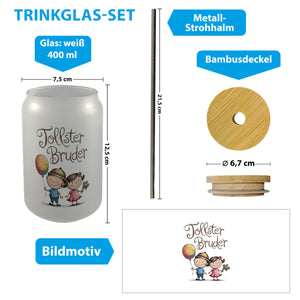 Tollster Bruder Cartoon Trinkglas mit Bambusdeckel für Geschwister