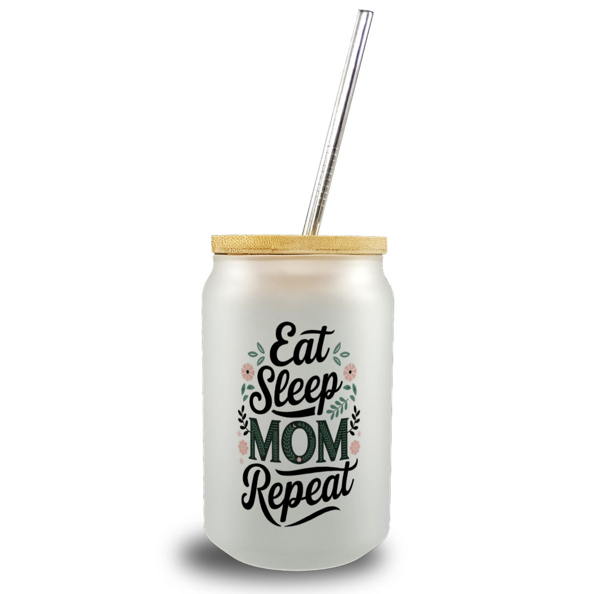 Eat Sleep Mom repeat Trinkglas mit Bambusdeckel für Mamas