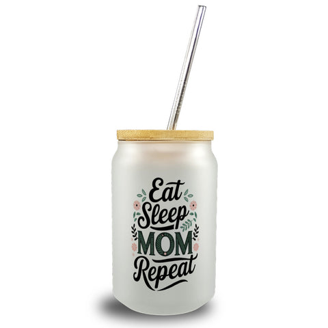 Eat Sleep Mom repeat Trinkglas mit Bambusdeckel für Mamas