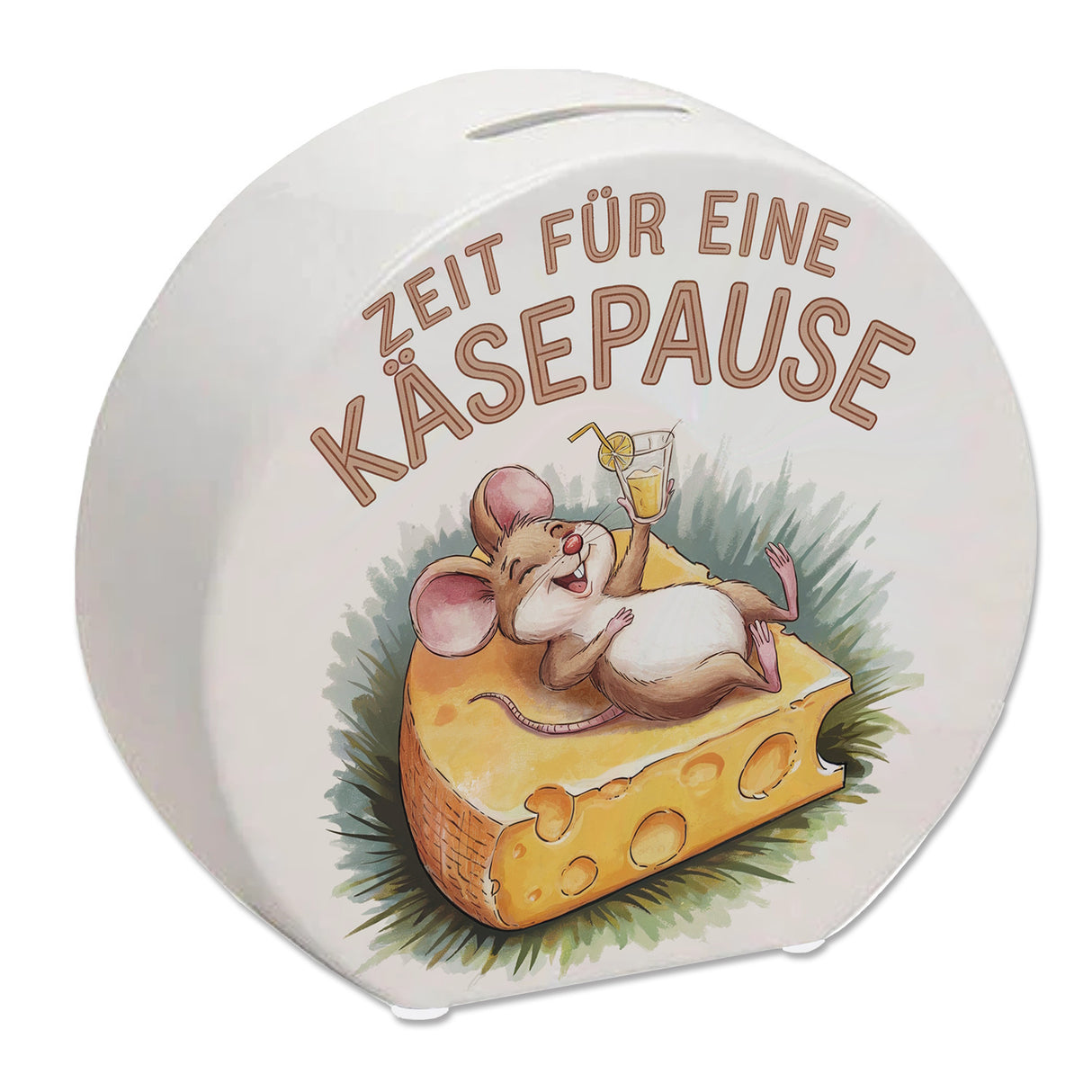 Fröhliche Maus auf Käse Spardose - Käsepause