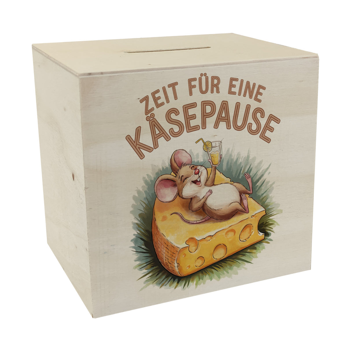 Fröhliche Maus auf Käse Spardose - Käsepause