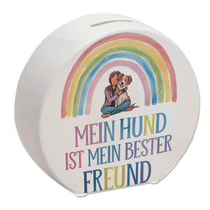 Bester Freund Spardose - Frau umarmt Hund unter Regenbogen