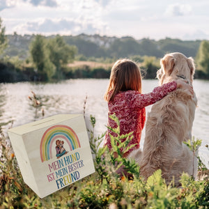 Bester Freund Spardose - Frau umarmt Hund unter Regenbogen