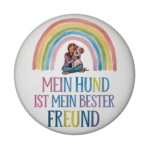 Bester Freund Magnet - Frau umarmt Hund unter Regenbogen