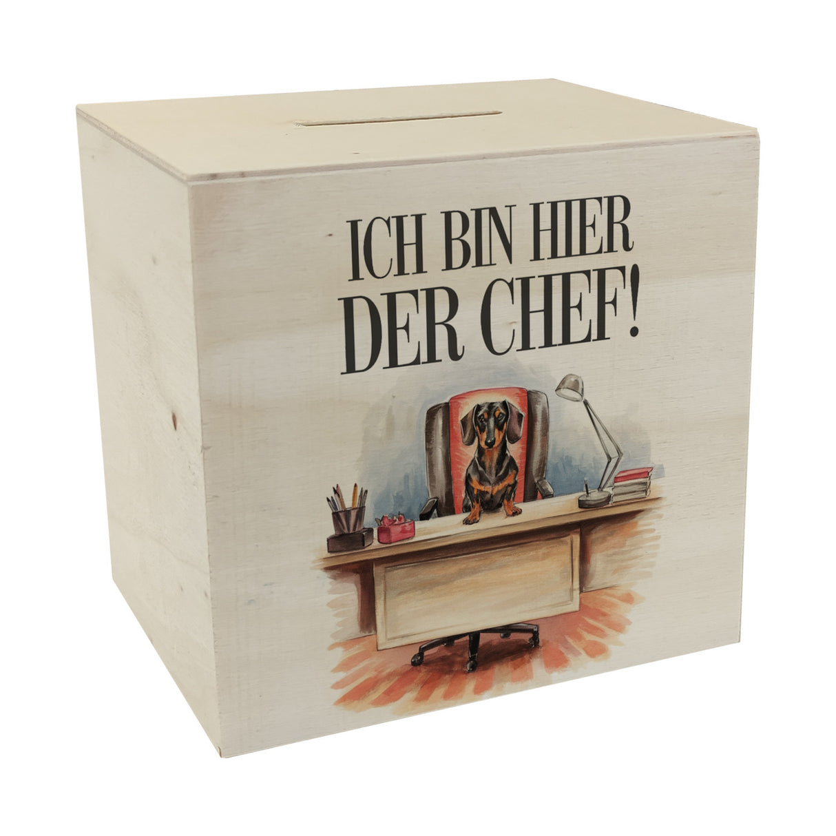 Hier ist der Dackel der Chef Spardose - Dackel auf Bürostuhl