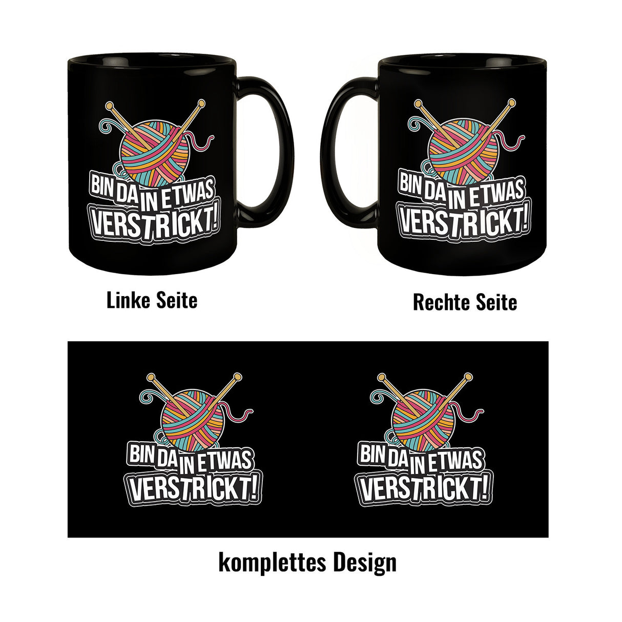 Bin da in etwas verstrickt Tasse mit Wolle und Stricknadeln