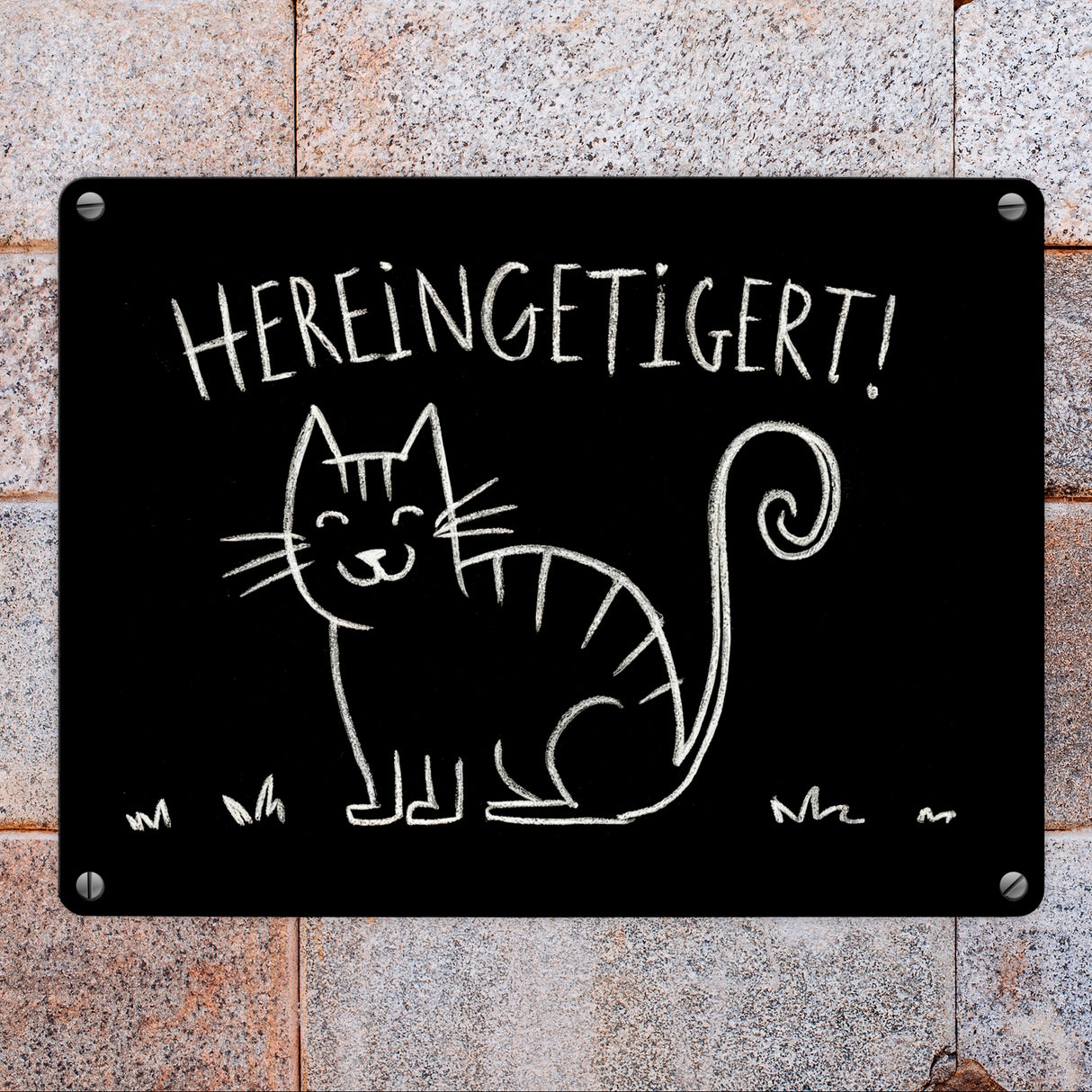 Hereingetigert! Metallschild in 15x20 cm mit lächelnder Katze