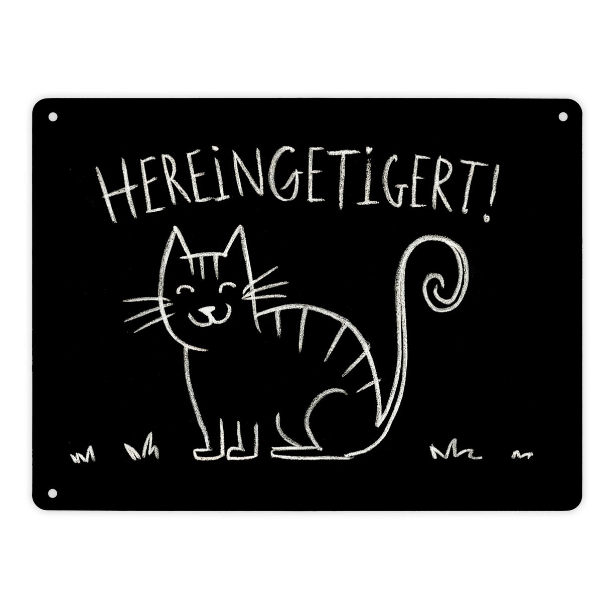 Hereingetigert! Metallschild in 15x20 cm mit lächelnder Katze