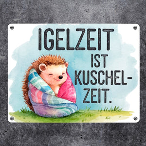 Igelzeit ist Kuschelzeit Metallschild in 15x20 cm - Igel in Decke