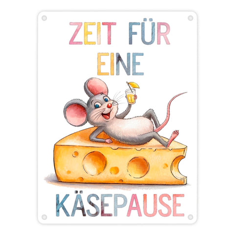 Zeit für eine Käsepause Metallschild in 15x20 cm mit lustiger Maus