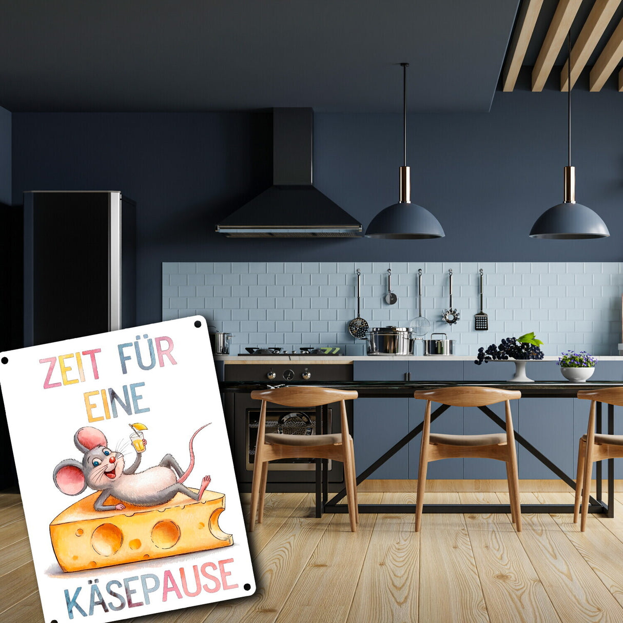 Zeit für eine Käsepause Metallschild in 15x20 cm mit lustiger Maus