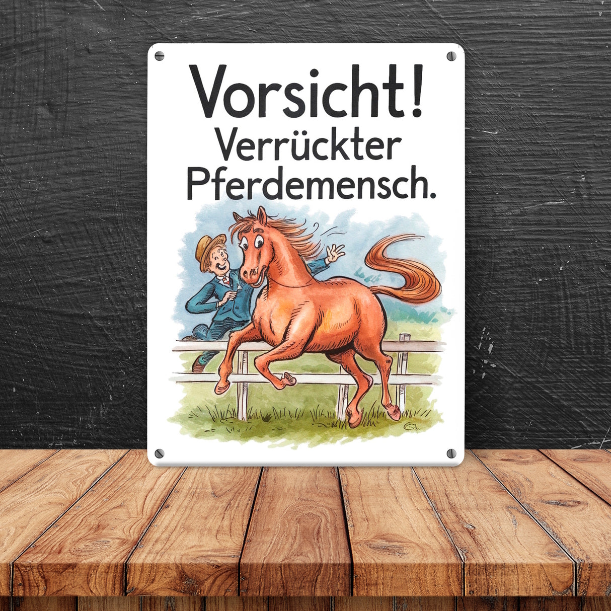 Vorsicht! - Verrückter Pferdemensch Metallschild in 15x20 cm