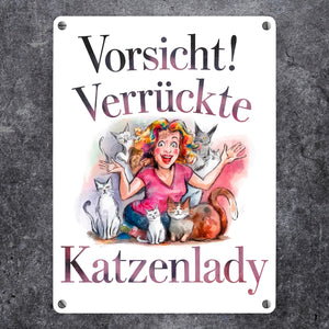 Vorsicht! Verrückte Katzenlady Metallschild in 15x20 cm