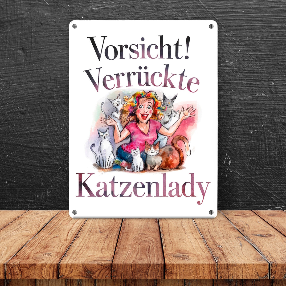 Vorsicht! Verrückte Katzenlady Metallschild in 15x20 cm