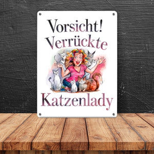 Vorsicht! Verrückte Katzenlady Metallschild in 15x20 cm