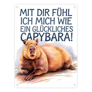 Glücklich mit dir- fröhliches Capybara Metallschild in 15x20 cm