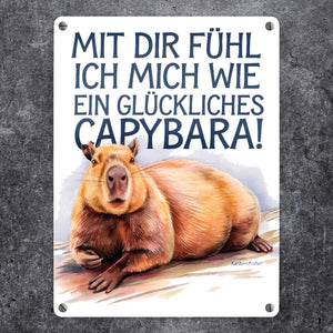 Glücklich mit dir- fröhliches Capybara Metallschild in 15x20 cm