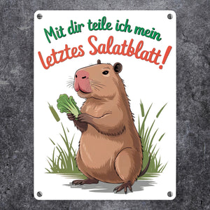 Mit dir teile ich mein letztes Salatblatt! Metallschild in 15x20 cm mit lustigem Capybara