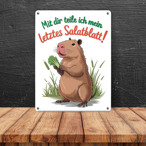 Mit dir teile ich mein letztes Salatblatt! Metallschild in 15x20 cm mit lustigem Capybara