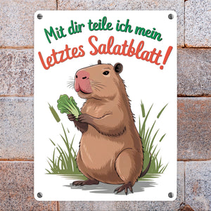 Mit dir teile ich mein letztes Salatblatt! Metallschild in 15x20 cm mit lustigem Capybara