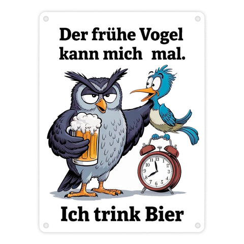 Der frühe Vogel kann mich mal Metallschild in 15x20 cm Eule trinkt Bier