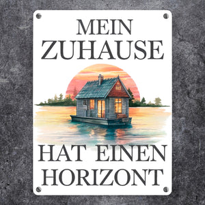 Hausboot auf Wasser Metallschild in 15x20 cm - Zuhause mit Horizont