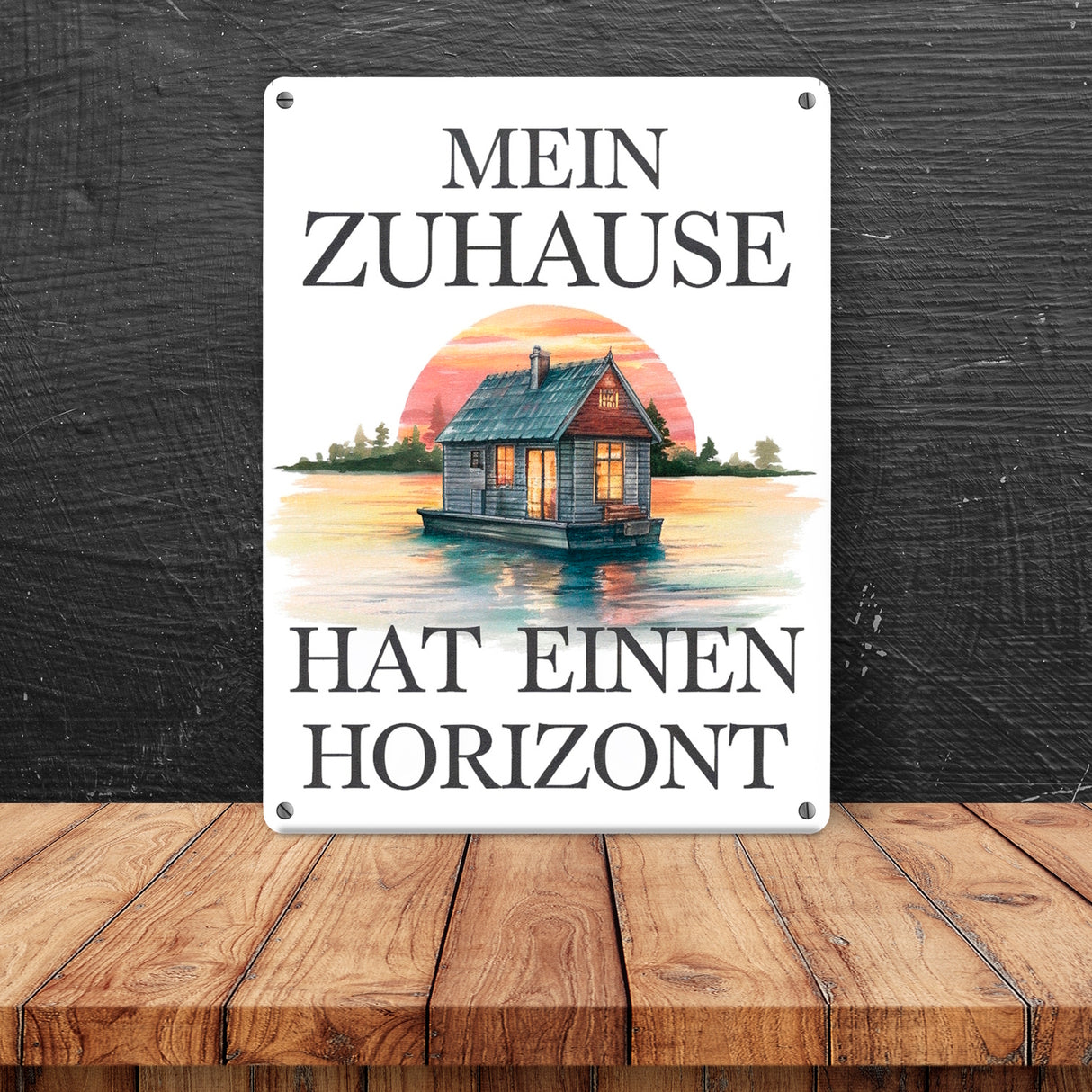 Hausboot auf Wasser Metallschild in 15x20 cm - Zuhause mit Horizont