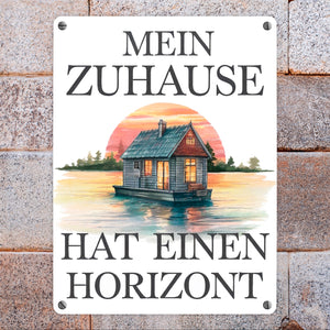 Hausboot auf Wasser Metallschild in 15x20 cm - Zuhause mit Horizont