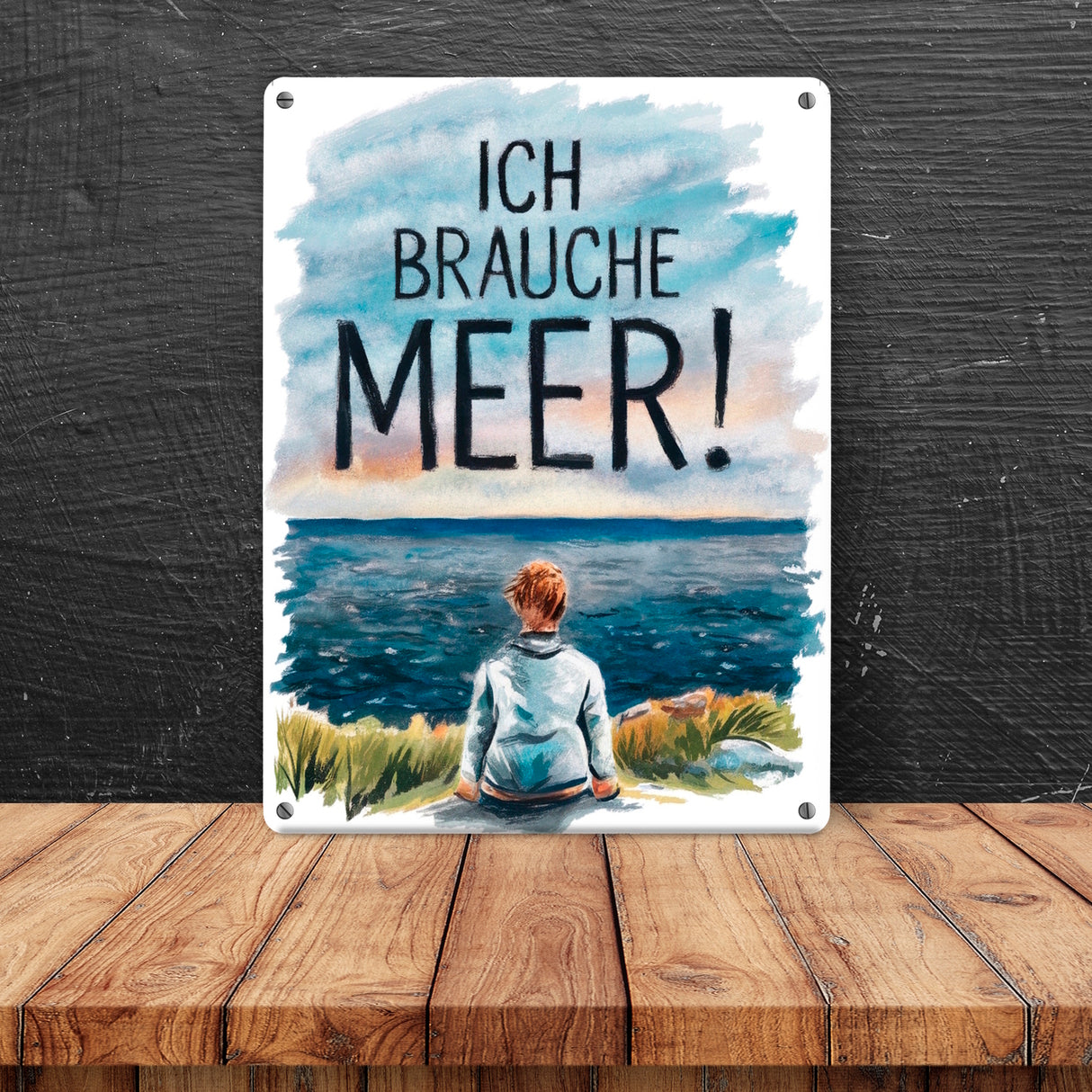 Person blickt aufs Meer Metallschild in 15x20 cm - Ich brauche Meer